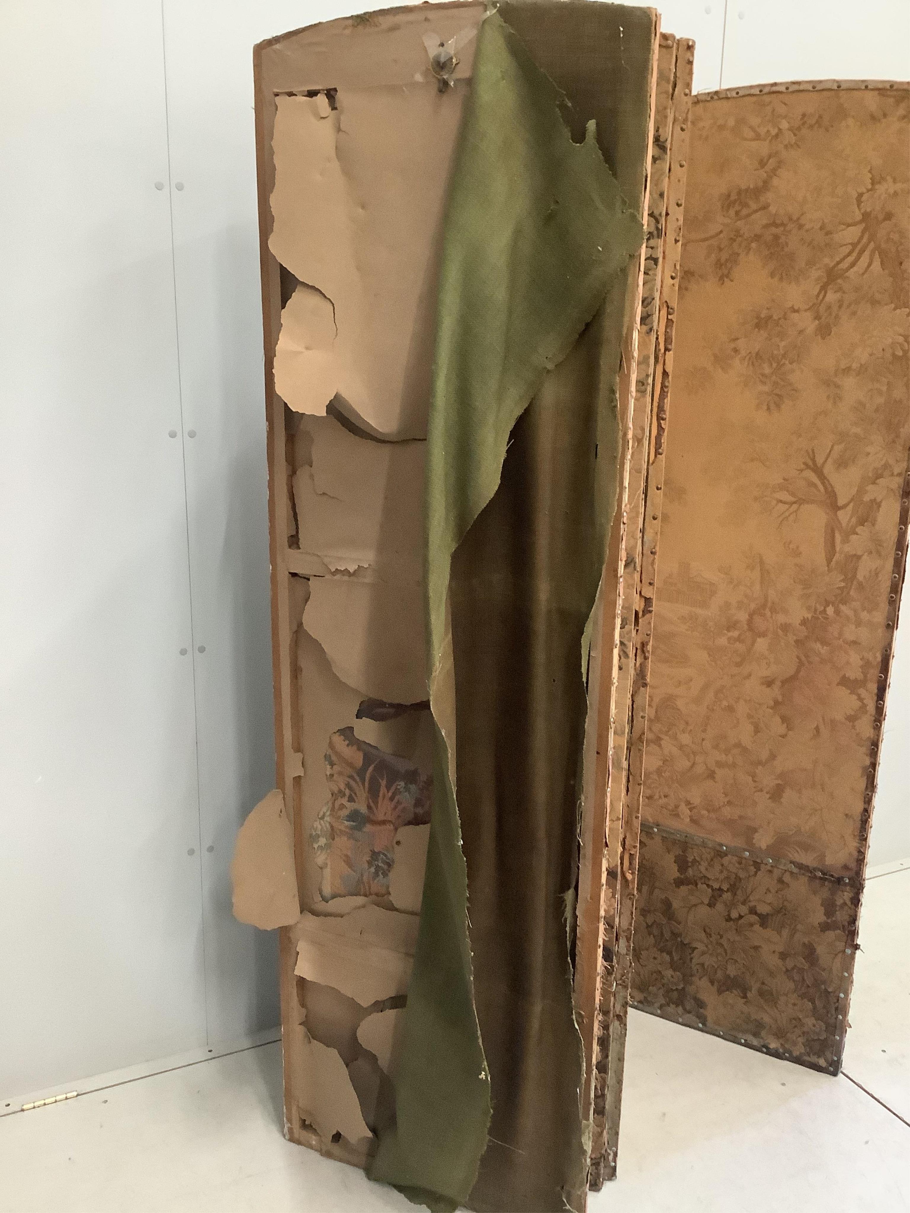 A four fold machine tapestry screen, each panel width 60cm, height 198cm. Condition - poor